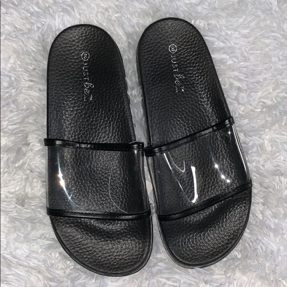 JUST BE Girl’s Black Clear Wide Strap Waterproof Casual Slide Sandals Small 5/6